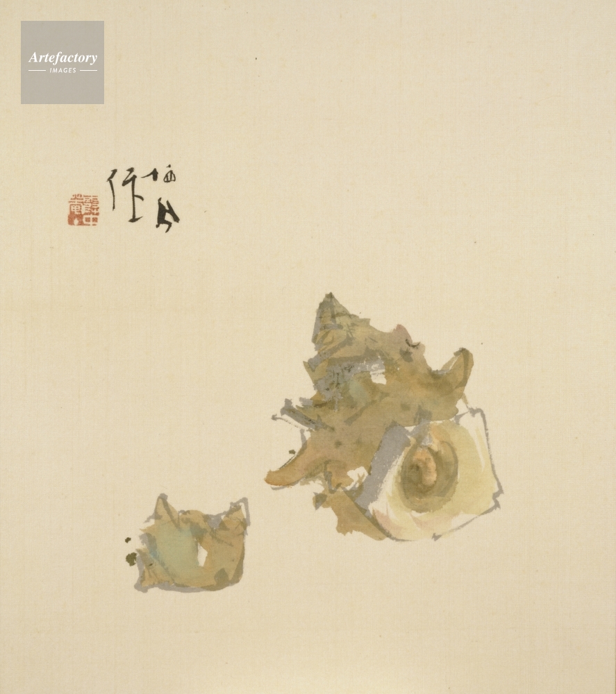 【本物・日本画】林雲鳳 作　十二ヶ月　色紙 艸影帖・色紙十二ヶ月のうち 栄螺