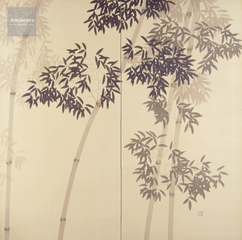 20-6　横山大観 【風竹】 絹本 共箱 30㎜Φ牙軸 二重箱 鑑書付 掛軸 風蕭々兮易水寒 文化遺産オンライン