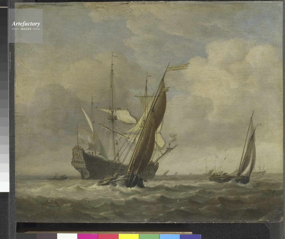 Two Small Vessels and a Dutch Man-of-War in a Breeze