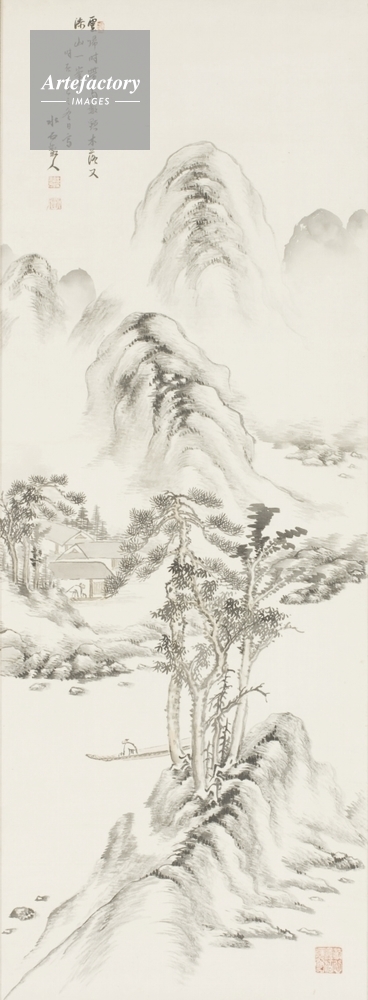 山水図 雲帰時帯雨数点木落又添山一峯 時在丁巳之冬日写 水石散人